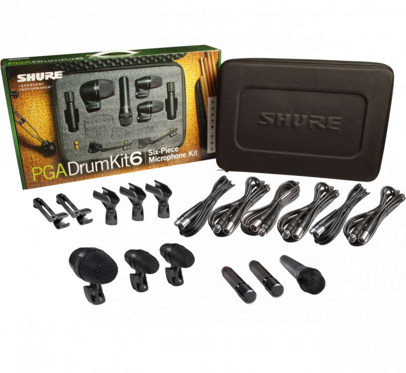 Shure PGADRUMKIT6 Drum Microphone Kit including 2x PGA56, 1x PGA57, 1x PGA52, 2x PGA81 - Click Image to Close